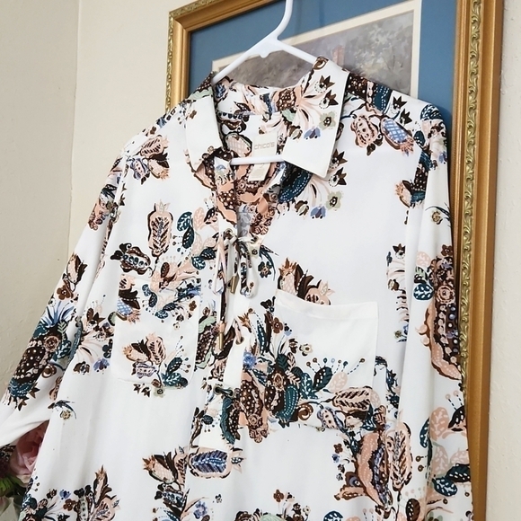 Silky Soft Botanical Lace-Up Tunic Top Floral Lagenlook Coastal Career Medium - Picture 6 of 14